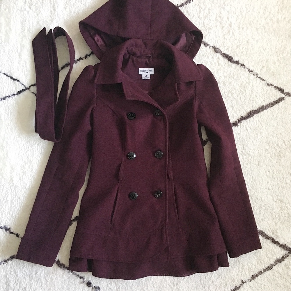 Purple Winter Coat with Removable Hood & Belt XS